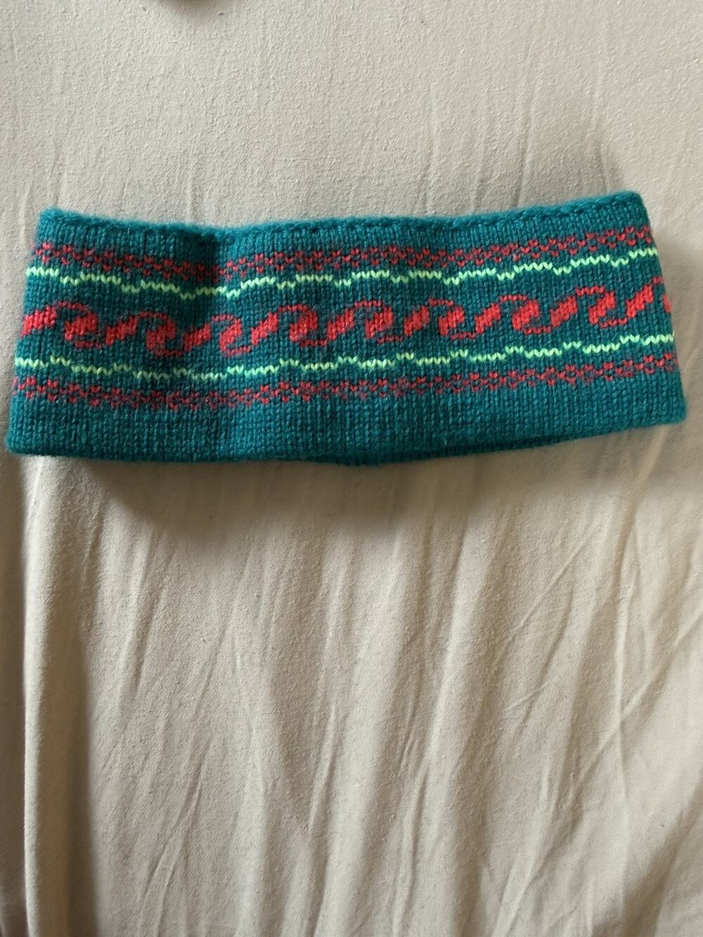 Vintage Stowe Woolens 100% Wool Handcrafted Nordic Print Headband Teal Ski USA